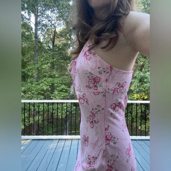 Vintage Charlotte Russe Pink Floral Y2K Dress Lettuce Hem Midi Medium - Picture 4 of 12